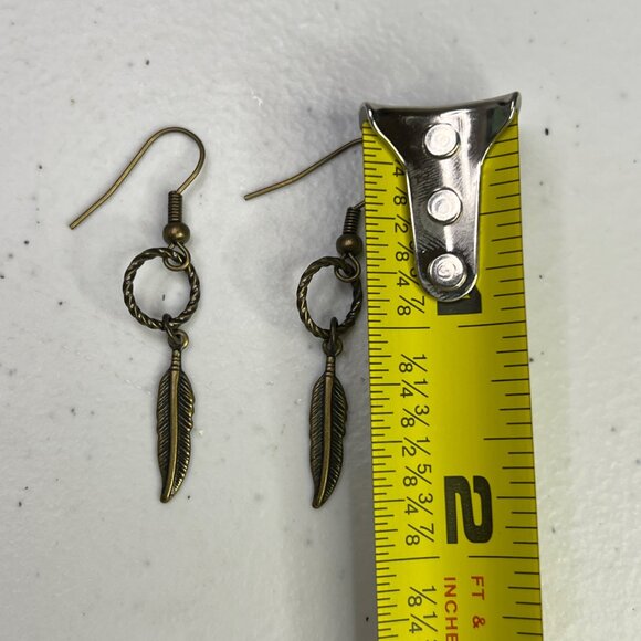 Bronze Feather Drop Earrings With Twisted Ring Design - Picture 7 of 8